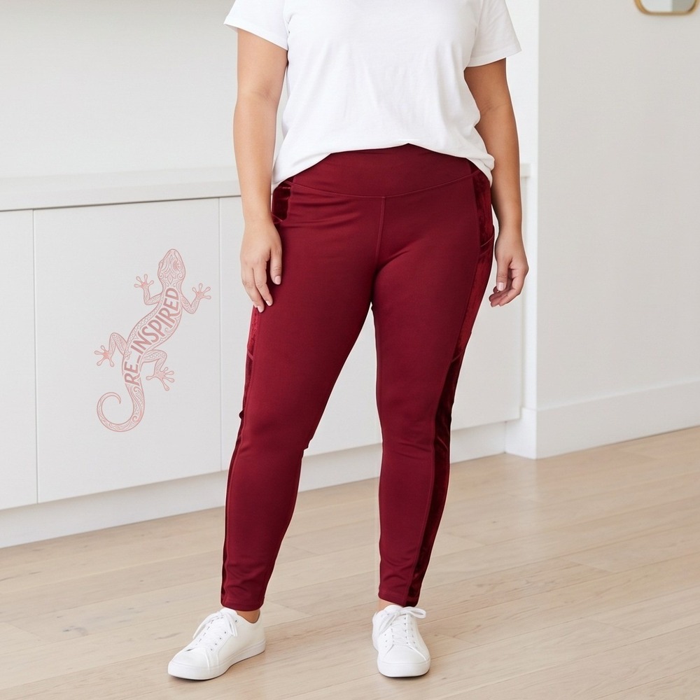 Torrid Active Leggings Women 1X Burgundy Velvet Trim High Rise Pocket Athleisure